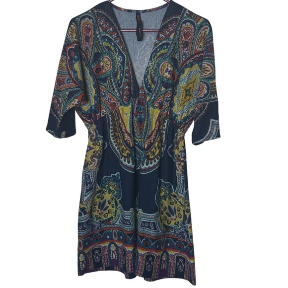 Renee C Dresses & Skirts - Renee C Boho Paisley Print Dress Navy Multicolor V-Neck Half Sleeve Made USA L